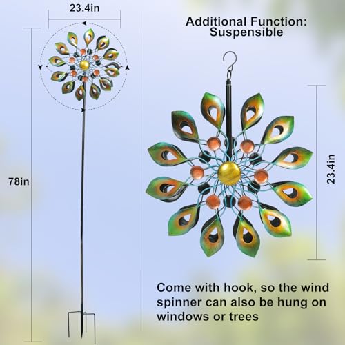 DIBIEECN 78 Inch Big Peacock Kinetic Wind Spinners with Garden Stake, Metal Sculpture Decorations, Outdoor Windmill, Dual Direction for Yard Art, Lawn Decor, Idea Gifts - size: Large