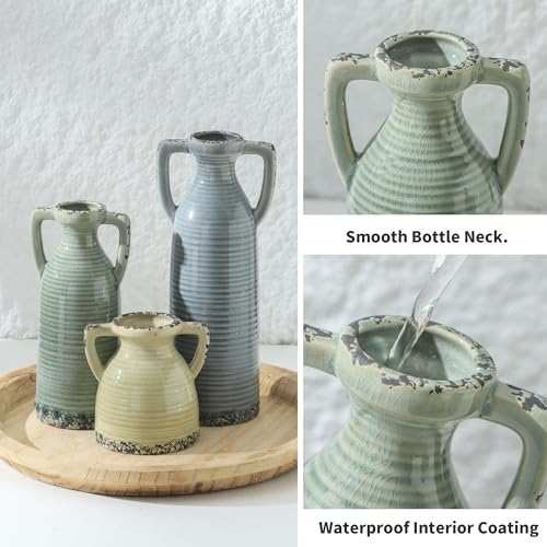 Ceramic Vase Set of 3 - Farmhouse Vase Set for Modern Decoration, Rustic Crackle Round Vases for Home Decor, Dining Table, Living Room, Kitchen, Office, Shelf - Multicolor - color: 105