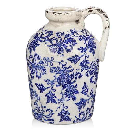 Ceramic Rustic Farmhouse Vase, 9 inch Ceramic Blue and White Vase for Centerpieces Pampas Grass Pottery Jug with Handle Boho Chinoiserie Decor Vintage Vases for Living Room Kitchen Dinner Table Shelf - color: Blue and White
