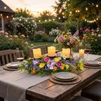 26 Inch Spring Summer Centerpiece with 3 Candle Holders Floral Table Centerpiece with Daisies and Wildflowers for Dining Table Mantel Wall and Farmhouse Table Decoration