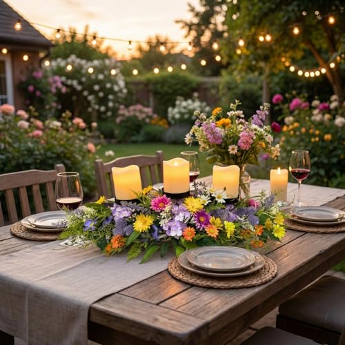 26 Inch Spring Summer Centerpiece with 3 Candle Holders Floral Table Centerpiece with Daisies and Wildflowers for Dining Table Mantel Wall and Farmhouse Table Decoration