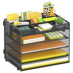 SUPEASY 5 Tier Desk Organizer, Mesh Letter Tray Paper Organizer with 4 Adjustable Storage Compartments & Pen Holder, Metal Desk Accessories for Home Office School, Black - size: 12.6" x 9.1" x 10.3"