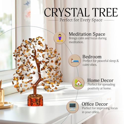 YATSKIA Tiger Eye Crystal Tree - Tree of Life - Tiger Eye Stone - Reiki Gifts - Gemstone Tree - Spiritual Decor - Crystal Decor - Chakra Decor - Metaphysical Gifts - Chakra Stones - Home Office Decor - color: Tiger Eye Silver Wire