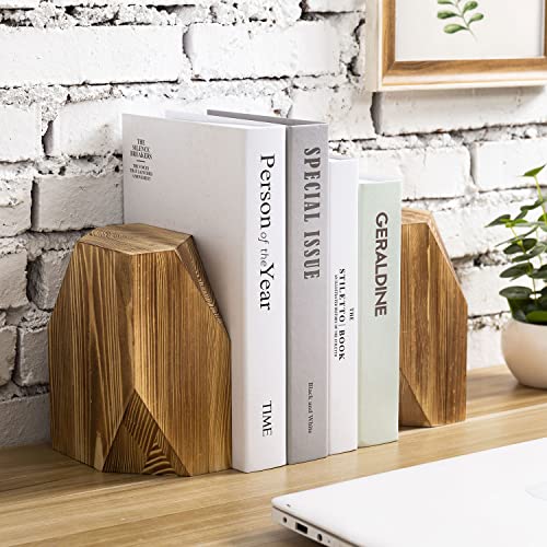 MyGift Brass Wood Decorative Bookends Triangular Design, Office Desk Wooden Book Ends, Book Stand for Shelves with Tone Ring Accent - color: Brown