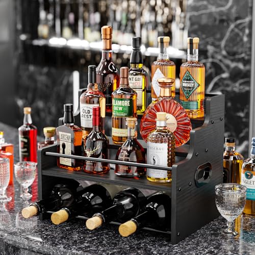 KLM 4-Tier Wood Display Shelf, Black Modern Bottle Organizer, Countertop Bar Stand for Liquor, Coffee Syrup, (Black) - color: Black