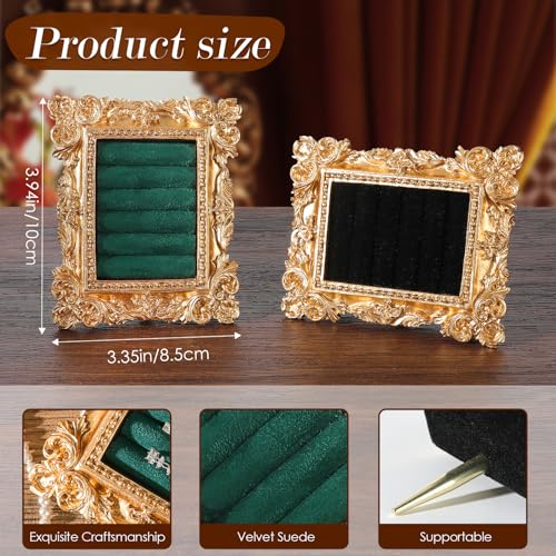 Vintage Ring Holder Rectangle Gold Velvet Display Stand - Baroque Jewelry Organizer Box Tray for Wedding Engagement Anniversary Women Birthday Christmas Gift Photograph Prop (MPF05-Gold Green) - color: MPF05-Gold Green
