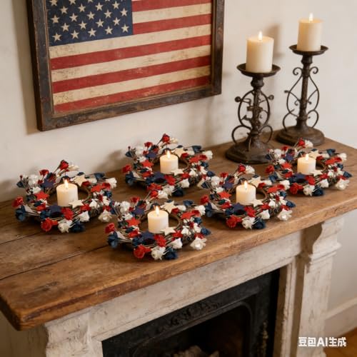 6 Pcs Mini 4th of July Candle Ring Wreaths Patriotic Red White and Blue Artificial Pillar Candle Holder Wreath for Farmhouse Independence Day Memorial Day Porch Front Door Cabinets Table Decoration - color: 4th of July
