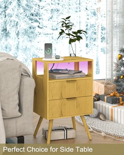 JOONEE Nightstand with Charging Station and LED Lights,Modern Bedside Table with 2 Storage Drawer and Open Wood Shelf, for Bedroom and Small Spaces,Night Stand with Solid Wood Legs (Yellow Oak) - color: Yellow Oak