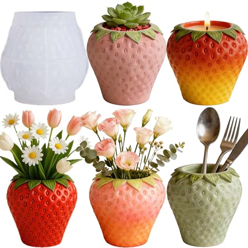 1 Pc Strawberry Epoxy Resin Storage Box Silicone Mold 3D Fruit Candle Container Mold for DIY Craft Jewelry Trinket Home Decor Makeup Brush Holder Organizer Pen Holder Flower Planter Pot - color: Strawberry Resin Mold