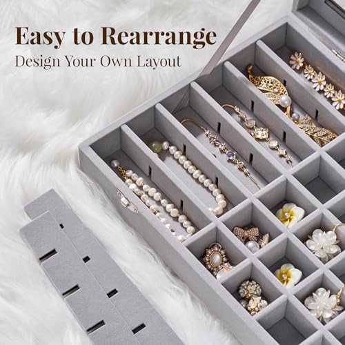48 Grid Earring Organizer and Storage: Velvet Jewelry Tray with Lid, Jewelry Box for Studs, Earrings, Rings, Necklaces, Dresser & Vanity, Earrings Case Organizer for Girls, Women, 13"x8.6"x2.4", Grey - color: Grey