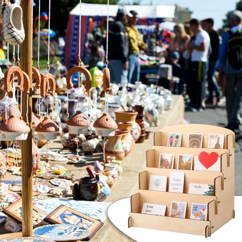 Wonderjune 2 Pcs 4 Tiered Greeting Card Display Stand Portable Sticker Display Stand for Vendors Wooden Collector Card Rack Wood Holder for Postcard Photos Bookmark Trade Shows Retail Counter