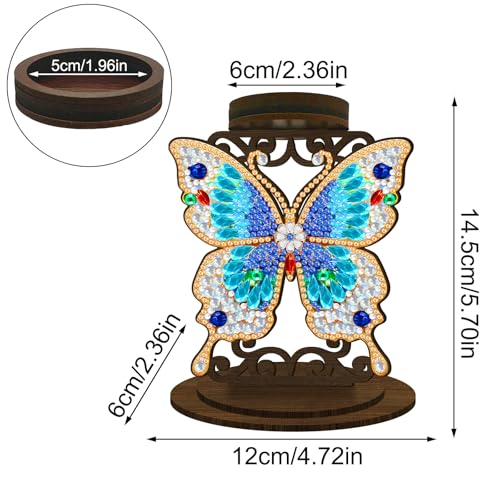 BAYUNOE DIY Candlestick Holders Wooden Desktop Diamond Art Painting Candle Holder Double-Sided Diamond Vintage Modern Decorative for Table Mantel Wedding Dinning Party-Blue Butterfly01 - color: Blue Butterfly01