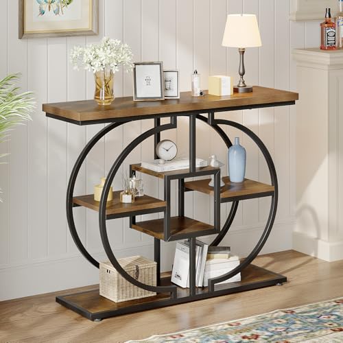 GiftGo Narrow Console Table for Entryway Industrial 4-Tier Sofa Table Behind Couch with Circle Base Rustic Wooden Accent Tables with Storage Shelves for Living Room, Hallway, Foyer (Brown) - color: Brown