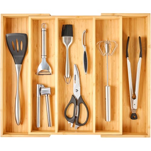 Umilife Expandable Kitchen Drawer Organizer, 2.5" High Bamboo Utensils Silverware Tray, Adjustable Large Deep Wood Organization Holder - style: For Utensil (13"~20" x 17")