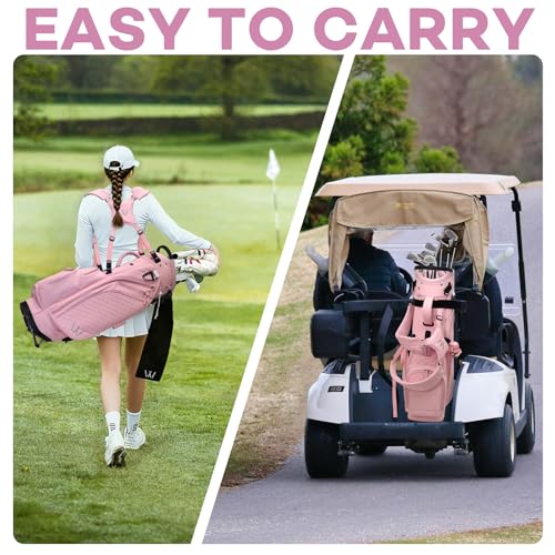 Luxury Womens Golf Bag, PU Leather Golf Stand Bag for Women/Ladies, 14-Way Full-Length Top Dividers, Ultra Lightweight, Large Pockets for Accessories - color: Pink