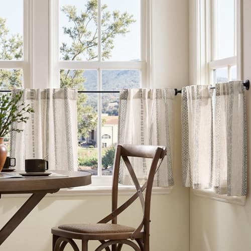 jinchan Boho Kitchen Curtains 24 Inch Grey Linen Tier Curtains with Geometric Pattern Bohemian Cafe Small Light Filtering Window Treatment for Living Room RV Back Tab 2 Panels Grey on Linen - color: Liora | Grey on Linen, size: 26"W x 24"L (Pack of 2)