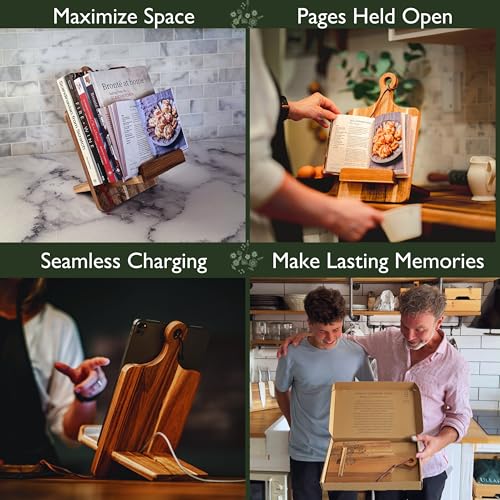 Wood Cookbook Stand for Kitchen Counter, Mother's Day Gift for Mom, Reversible Acacia Recipe Book Holder, Cooking Measurement Conversion Card, Adjustable Tablet Holder, Charging Cable Slot - style: Country Rustic