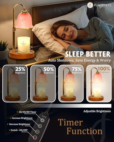 Funistree Candle Warmer Lamp, Gold Candle Lamp Warmer with Timer & Dimmer with 2 Bulbs, Birthday Gifts for Women Mom, New Home Bedroom Decor, Height Adjustable - color: Pink