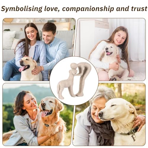 Human and Dog Hugging Sculpture Decor - Forever Loved Pet Memorial Statue Gifts, Decorative Figurine for Home, Shelf, Desk & Office (Sandstone)