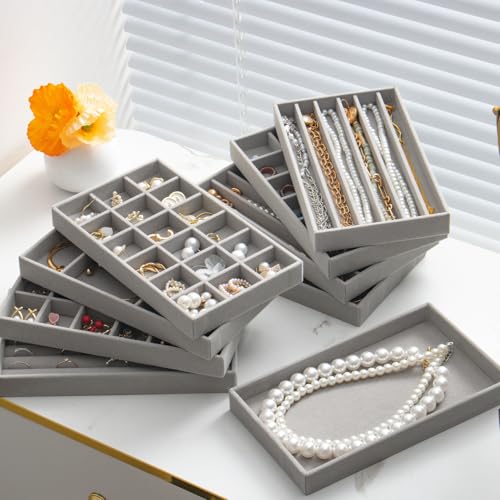 SPAKOWN Jewelry Drawer Organizer Inserts Set of 9, Velvet Jewelry Trays for Drawers, Storage for Earring, Ring, Necklace, Watch, Bracelet (Grey) - color: Grey