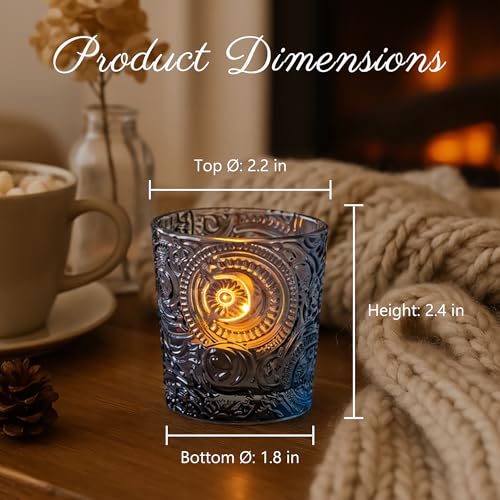 6 Pack Sun Moon Star Embossed Glass Tea Light Candle Holders - Votive Candle Holders for Wedding, Party, Home Decor, and Table Centerpieces (Gray) - color: Slate Gray