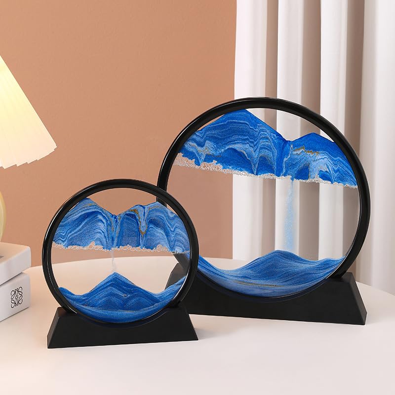 Moving Sand Art Liquid Motion, 3D Deep Sea Sandscape Color Quicksand Decor, Round Glass Moving Sand Art Picture Relaxing Desktop Home Office Work Decor (12 inch-Blue) - color: Blue, size: 12 Inch