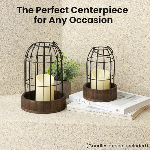 Perfnique Decorative Candle Lantern, Set of 2 Farmhouse Table Lanterns for Home Decor, Rustic Table Centerpieces for Dining Room, Fireplace Mantle Kitchen Decoration (Walnut)