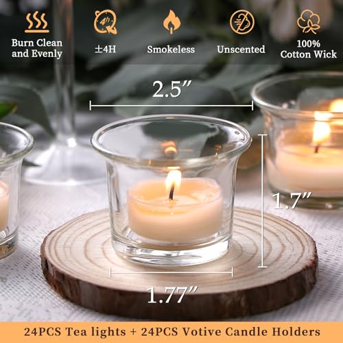 LETINE 24pcs Clear Tealight Candle Holder & 24pcs White, Smokeless, Unscented Soy Wax Tea Candles - Votive Candle Holders, Tea Lights Candles for for Spring Decorations,Weddings Decor
