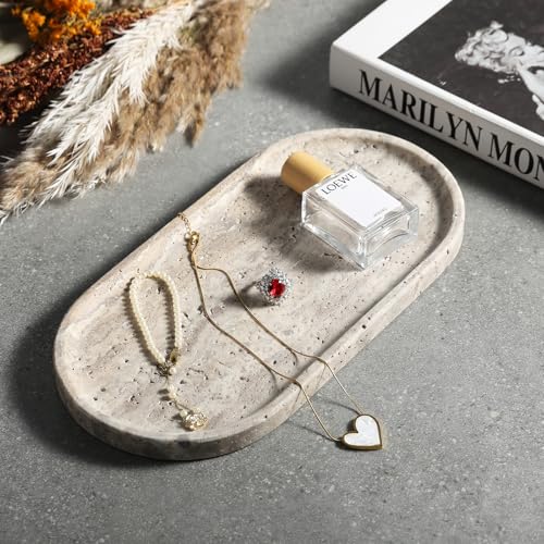 Koville Natural Travertine Tray for Bathroom Countertop, 12"x6" Vanity Decorative Marble Tray for Perfume, Candles, Jewelry, Stone Catchall Trays Jewelry Dish, Silver Stone Trays for Kitchen Counter - color: Travertine Silver, size: 12" x 6" x 0.7"