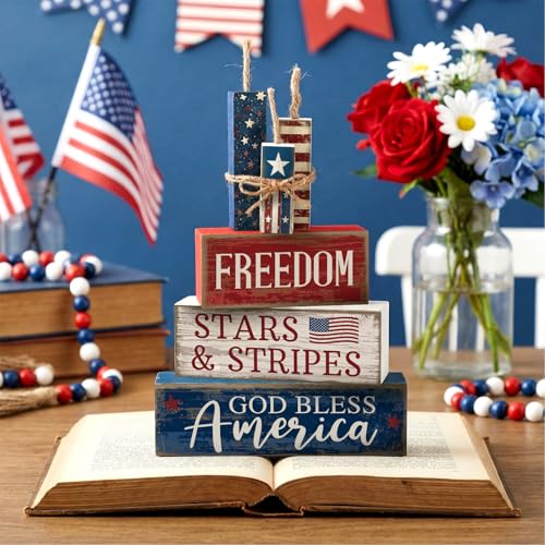 CroBlissful 4 Pcs 4th of July Decorations Patriotic Memorial Day Tabletop Decorations Red White Blue Table Centerpieces Sign for Office Tiered Tray Home Shelf 250th Anniversary(Freedom) - style: Freedom