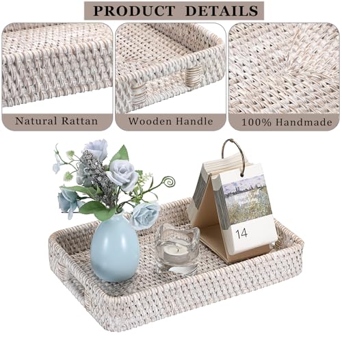 Hipiwe Hand Woven Tray with Handle Whitewash Rattan Serving Tray for Storage Rectangular Wicker Basket Tray for Key Remote Fruit Dessert Plate, 11.8 x 7.9 x2 Inch - color: Whitewash, size: 11.8" x 7.8" x 1.9"