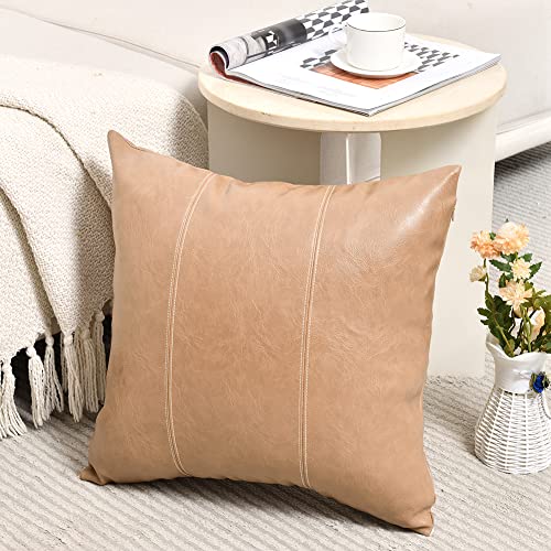 Fancy Homi 2 Packs Tan Decorative Throw Pillow Covers 18x18 Inch for Outdoor Couch Bed, Waterproof Faux Leather Hand Stitched Beige Square Cushion Case 45x45 cm, Modern Farmhouse Boho Home Decor - color: Tan, size: 18" x 18" (Pack of 2)