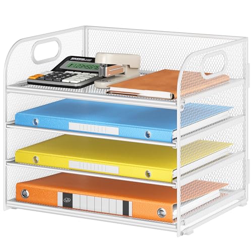 Lavatino Paper Organizer for Desk, 4-Tier Desk Organizer Tray, Mesh Desktop File Organizers with Handle, Office Classroom Organization and Storage-White - color: 4 Tier - White