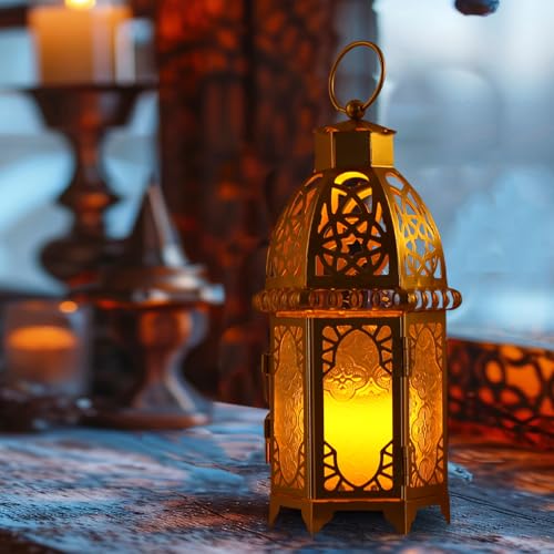 Moroccan Lanterns Decorative Indoor & Outdoor, 12.8’’ Medium Size Golden Metal Hanging&Tabletop Candle Holder Decor, Halloween Christmas Ramadan Decorations for Home Porch Patio (Golden) - color: Golden - 11''h, size: Large