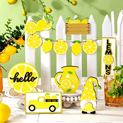 12 Pcs Lemon Tiered Tray Decor Set Gnome Fresh Lemonade Wooden Sign Yellow Lemon Wood Blocks Standing Sign Summer Tray Decor for Home Summer Kitchen Table Decoration - style: Lemon