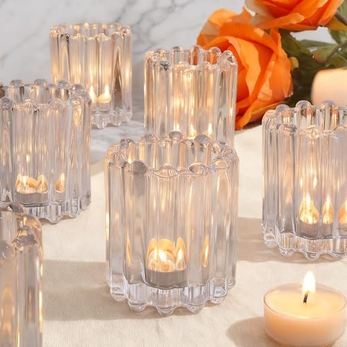 6 Pcs Clear Glass Tea Light Candle Holder Votive Candle Holders Bulk Candle Votives for Wedding Table Decor, Vintage Votive Candle Holders for Table Centerpiece, Christmas, Holiday Decor