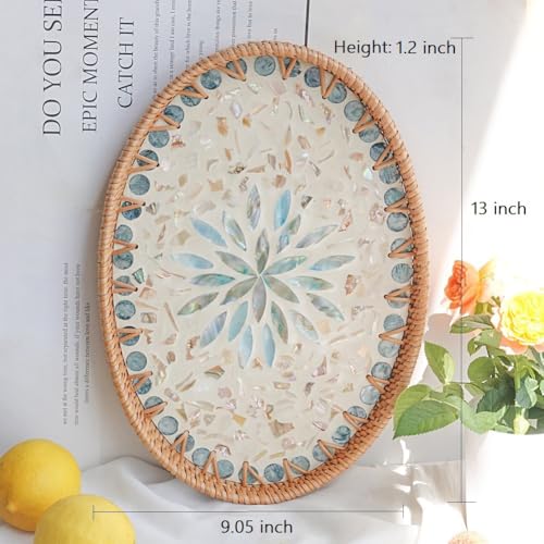 13 Inch Decor Tray for Coffee Table Mother of Pearl Inlay Serving Tray for Ottoman Wicker Centerpiece Decorative Tray for Candle Holder, Flower, Fruit, Bread (Medium)