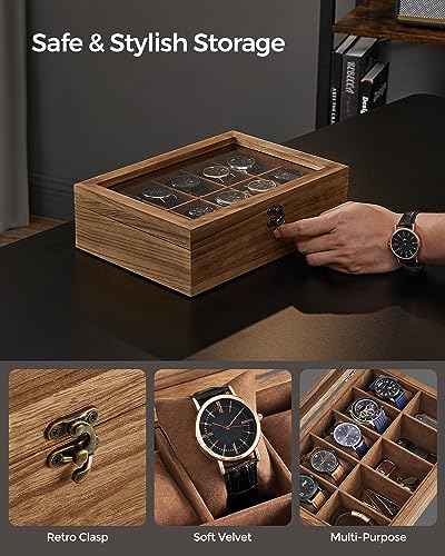 SONGMICS 10-Slot Watch Box, Watch Display Case with Large Glass Lid, Removable Watch Pillows, Velvet Lining, Gift Idea, Rustic Walnut UJOW100K01 - color: Rustic Walnut, size: 1 Layer 10 Slot