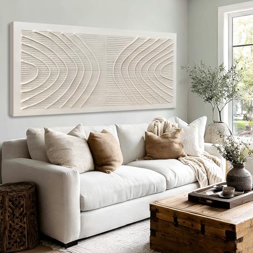 Hue7Art Minimalist Grey Textured Canvas Wall Art with Abstract Soft line Relief, Modern Neutral Artwork for Living Room Bedroom Office Home Decor 24x48 Inch - color: White, size: 48"L x 24"W