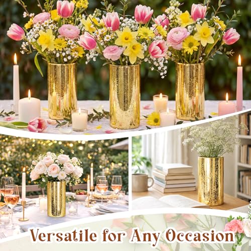 12 Pcs Gold Cylinder Vases for Centerpieces Mercury Vase Hurricane Vase Bulk Acrylic Round Wide Container for Flowers Home Office Wedding Table Decorations (6'') - color: Gold, size: 6''