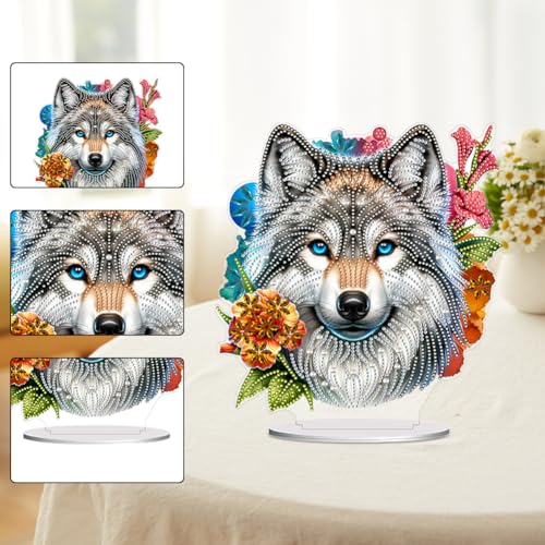 5D Tabletop Diamond Art Kit Flower Wolf, Stand Up Special Shaped Crystal Diamond Art Desktop Kits for Adults, DIY Diamond Painting Kits Craft, Box Package - color: Flower Wolf