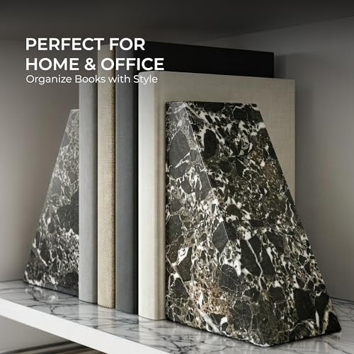Black Marble Bookend 6" - Book Stoppers for Bookshelves - Modern Decorative Marble Bookends for Home and Office, Black Zebra - color: Black