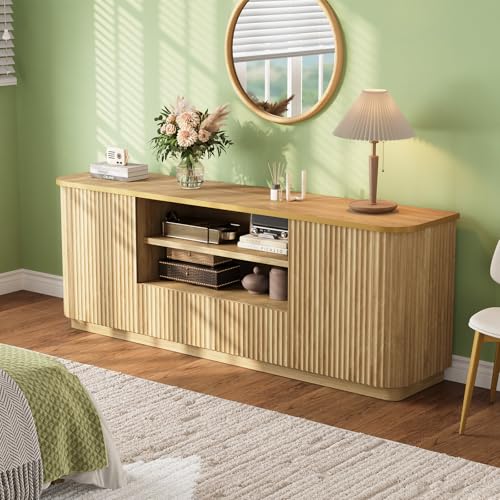 QUW 70" Fluted TV Stand for TVs Up to 80", Modern Entertainment Center with 2 Drawers & Cabinets, TV Console with Curved Profile Design, Luxury Wooden Media Console for Living Room, Natural Oak - color: Natural Oak