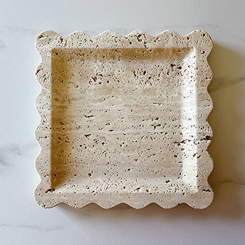 Vintage Natural Marble Tray Small Ornaments Scalloped Tray Handmade Storage Dish for Counter, Vanity, Dresser, Nightstand and Desk (Beige Travertine) - color: Beige Travertine