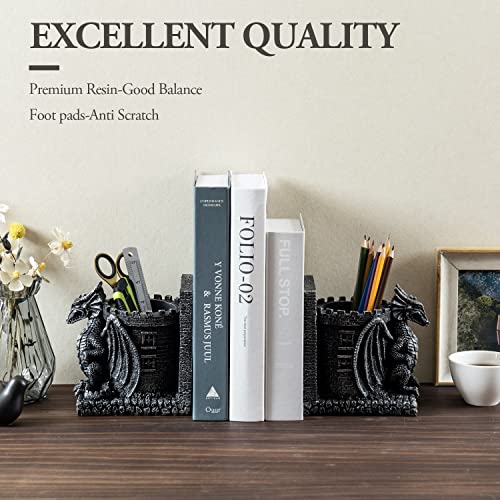 Bookends Dragon, Gothic Black Resin Dragon Guarding Castle Pencil Cup Bookends, Office Desk Book Ends with Decorative Fantasy Dragons and Stone Tower Pen Holders, 1 Pair - color: Black