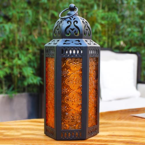 CVHOMEDECO. Decorative Candle Lantern Moroccan Lanterns Vintage Black Metal Lantern Holder for Home Patio Outdoor Decor. Amber Glass, Medium - color: Amber
