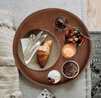 HofferRuffer Round Serving Tray 20'', Elegant Faux Leather Circle Ottoman Table Tray, Serve Tea Coffee Breakfast in Bedroom Living Room Kitchen (Brown) - color: Antique Brown, size: 20"