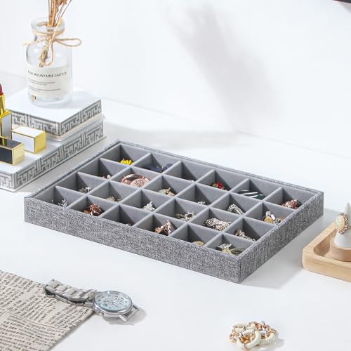 Stackable Jewelry Organizer Tray For Drawers,White Leather Small Earring Storage Tray,Bracelet And Necklace Display Box,Jewelry Ring Display Case (Gray White 24 Grids) - style: Gray White 24 Grids