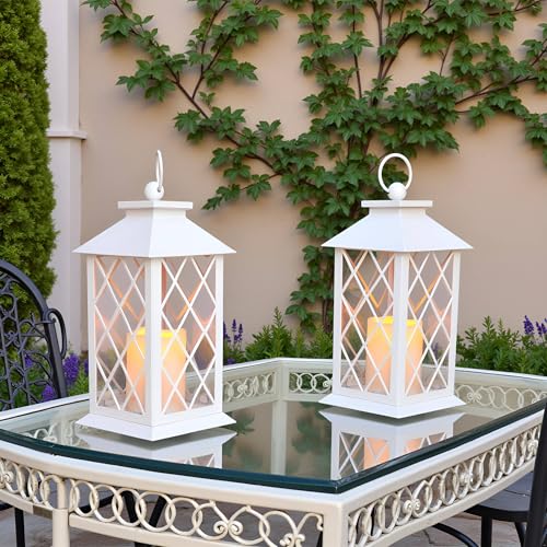 13" Metal Vintage Lantern with Pillar Flameless Candles, Battery Operated Decorative Hanging Retro Iron Lantern with LED Plastic Candle (White) - color: White