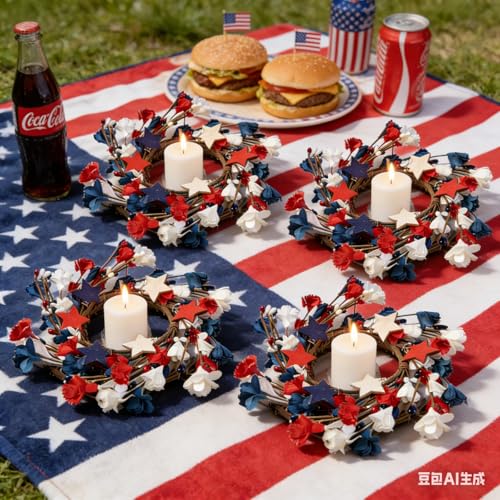 6 Pcs Mini 4th of July Candle Ring Wreaths Patriotic Red White and Blue Artificial Pillar Candle Holder Wreath for Farmhouse Independence Day Memorial Day Porch Front Door Cabinets Table Decoration - color: 4th of July